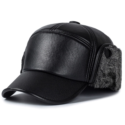Men Winter Trapper Hat PU Leather Warm Ear Protection Cap Faux Fur Lined Windproof Pilot Style For Father Grandfather
