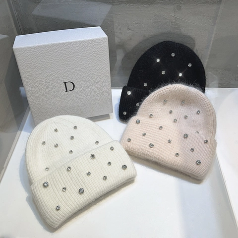 Bonnet Beanie À Strass Hiver Chaud Épais Texture Fourrure Douce Mode Tricot Côtelé Pour Femmes Élégant