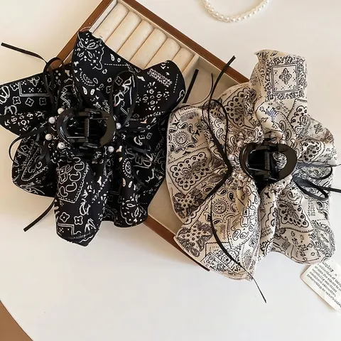 Vintage Paisley Print Fabric Bow Hair Claw Clip With Imitation Artificial Pearl And Ribbon Tassel Bohemian Shark Clip For Women