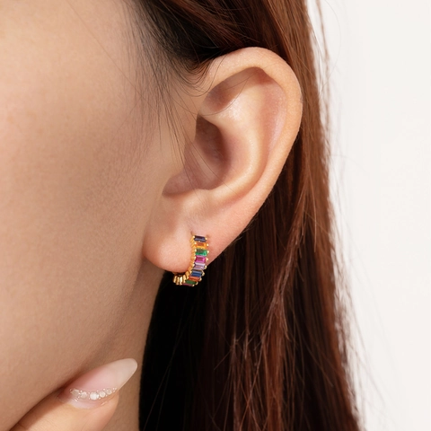 925 Sterling Silver Zirconia Hoop Earrings For Women 18K Gold Plated Inlaid Rectangular Cut Colorful Zirconia Jewelry Gift