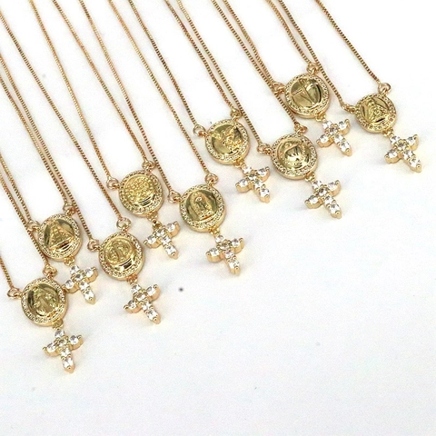 Collana Pendente Croce Vergine Maria Placcata Oro Rame Zirconia Religiosa Medaglione Gioielli Per Donne