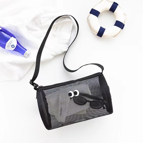 Mesh Toiletry Bag Cylindrical Storage Pouch For Travel Beach Swimming With Big Eyes Pattern And Adjustable Strap Nylon
