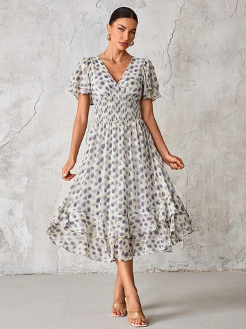 Vestito Stampato Con Scollo A V Chiffon Di Poliere Maniche Corte A Volant Vita Alta A Strati Per Donne