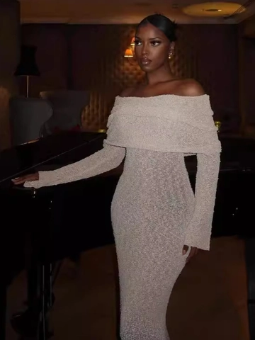 Women Off Shoulder Long Sleeve Maxi Dress Knit Elegant Slim Fit Solid Color Evening Party Vacation Bodycon Gown
