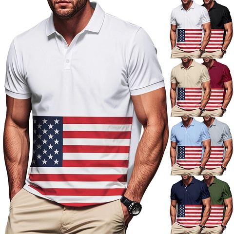 Herren Kurzarm Polo Shirt Polyester Atmungsaktiv US Flagge Druck Sterne Und Streifen Patchwork Casual Sommer Top