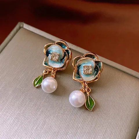Blumen-Ohrhänger Mit Emaille-Rose Zirkonia Kunstperle Und 925 Sterling Silber Ohrstecker Vintage-Stil Damen