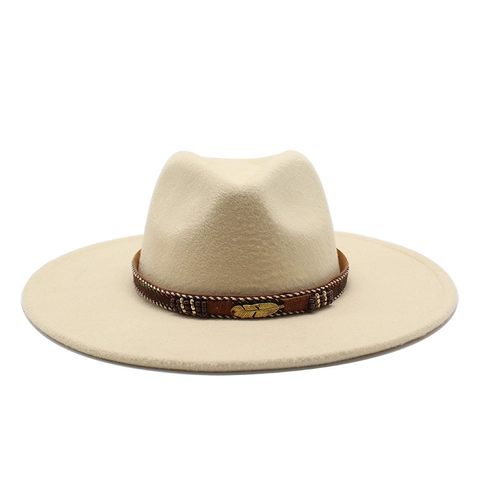 Wide Brim Fedora Hat Wool Felt Western Cowboy Ethnic Style Beaded Band Golden Feather Accessory For Men Women