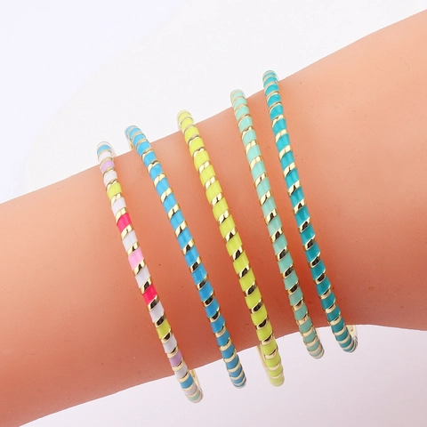 Kleurrijke Geëmailleerde Gestreepte Open Manchet Armband Verguld Koper Boheemse Sieraden
