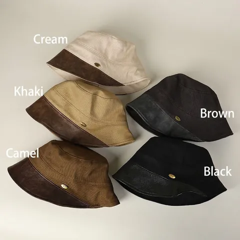 Cappello Alla Pescatora Donna Cotone Tela Tesa In Pelle PU Asimmetrico Regolabile Protezione Solare Pieghevole Retrò Moda