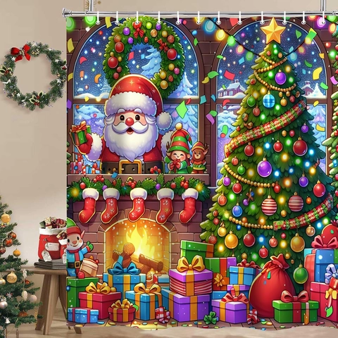 Christmas Shower Curtain Waterproof Polyester Santa Claus Snowman Xmas Tree Digital Print Decor For Bathroom With Hooks