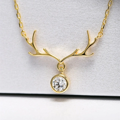 Copper Reindeer Antler Pendant Necklace With Zirconia Elegant Christmas Festival Jewelry For Women Gift