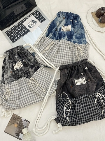 Koreanischer Stil Kordelzug Rucksack Patchwork Karo Gewaschener Denim Leichtgewicht Kapazität Tagesrucksack Damen Student