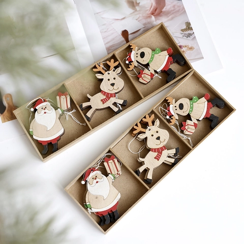 9-delige Kerst Houten Hangers Set Kerstman Rendier Hangende Ornamenten Met Opbergdoos Voor Kerstboom Huisdecoratie