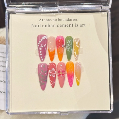 Handmade Stiletto Press On Nails Colorful Floral Butterfly Rhinestone Resin Artificial Finger Art For Women