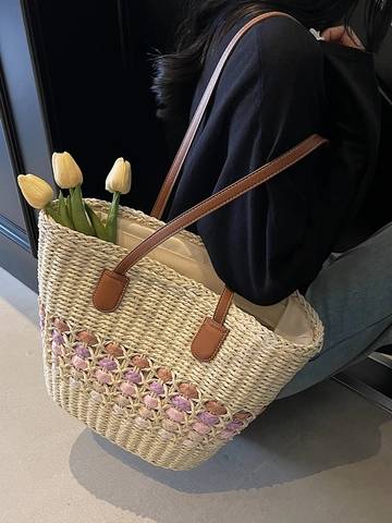 Gewebte Stroh-Tote-Tasche Große Kapazität PU-Lederriemen Sommer Strand Urlaub Schultertasche Für Damen