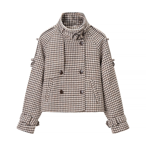 Chaqueta Corta De Lana Con Estampado De Pata De Gallo Doble Botonadura Cuello Alto Hebilla De Cuero Ropa Elegante Invierno