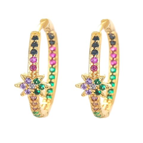 18K Vergoldetes Kupfer Stern Creolen Bunte Zirkonia Eingelegt Einfache Pave Stern Huggie Creolen Mode Schmuck Für Damen