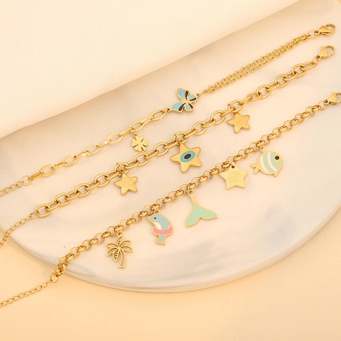 Stainless Steel Enamel Charm Bracelet Butterfly Star Dolphin Marine Theme Jewelry For Women Girls Trendy Summer Style