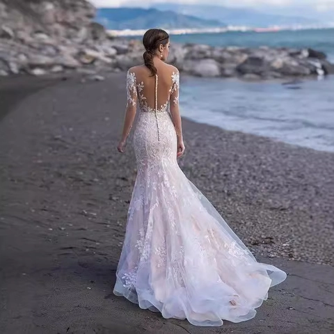 Vestido De Novia Sirena De Encaje Hombros Caídos Mangas Largas Elegante Vestido Nupcial Espalda Transparente Con Botones Blanco