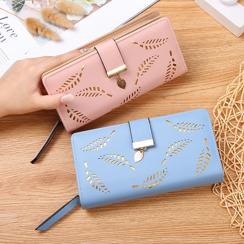 Portefeuille Long Pour Femme En Cuir PU Design Feuille Creuse Pendentif Métal Pochette Bifold Porte-Cartes Avec Dragonne