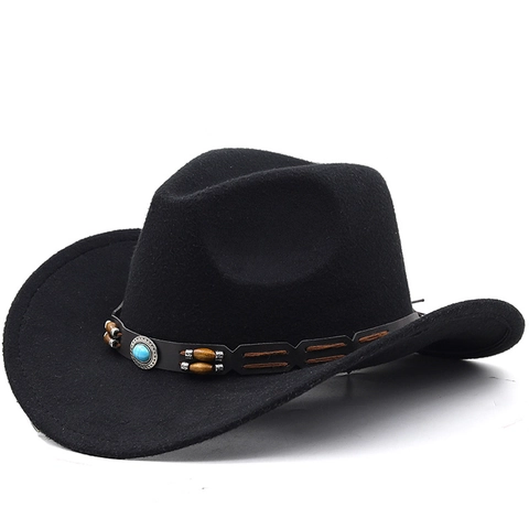 Western Cowboy Hat Wide Brim Polyester Felt Ethnic Turquoise Wood Bead Belt Adjustable Outdoor Travel Unisex