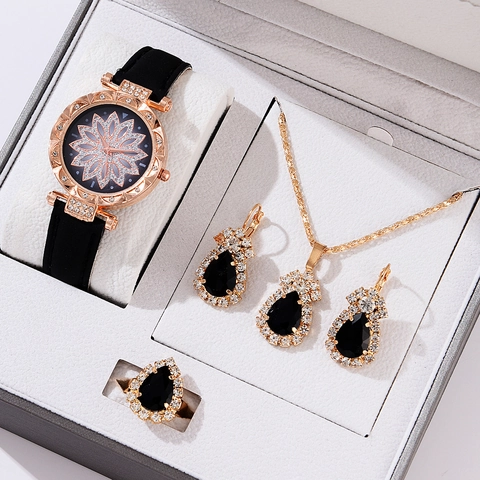 Women Watch Necklace Earrings Ring Jewelry Collection Elegant Rose Gold Floral Dial Rhinestone Heart Pendant Fashion Gift