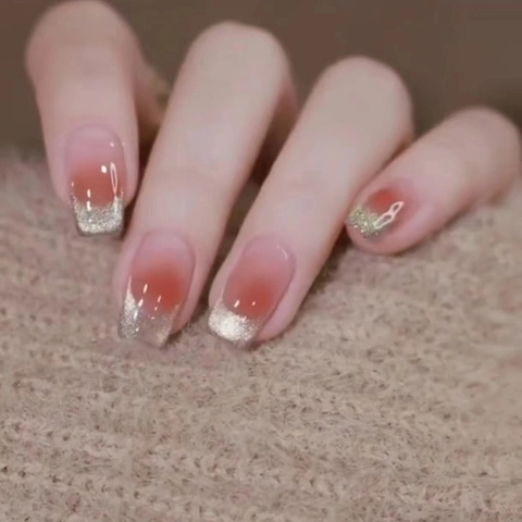 Press On Nails French Cat Eye Blush Ombre Doodskist Vorm Glitter Glanzend Afneembare Kunstnagels