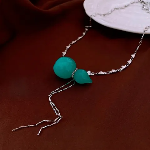 Grüne Flasche Kürbis Anhänger Halskette Kupfer Herz Gliederkette Mit Quaste Neuer Chinesischer Stil Orientalischer Retro Schmuck