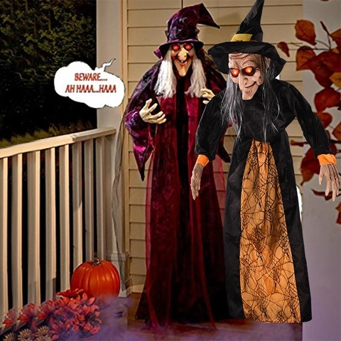 Animierte Halloween Hexe Hängende Dekoration Gruselige Geisterhaus Requisite Mit Leuchtenden Augen Sprachsteuerung Kunststoff