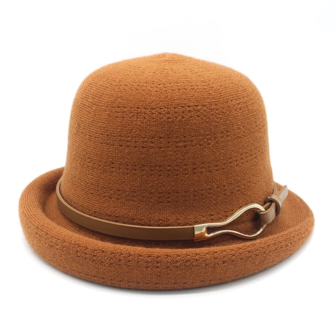 Retro Knitted Cloche Hat For Women Warm Elegant Bell Shaped Bucket Hat With PU Leather Belt Metal Buckle Foldable
