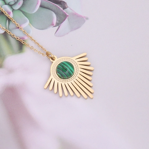 Sunburst Pendant Necklace Stainless Steel Natural Stone Sun Ray Charm Gold Plated Elegant Jewelry For Women