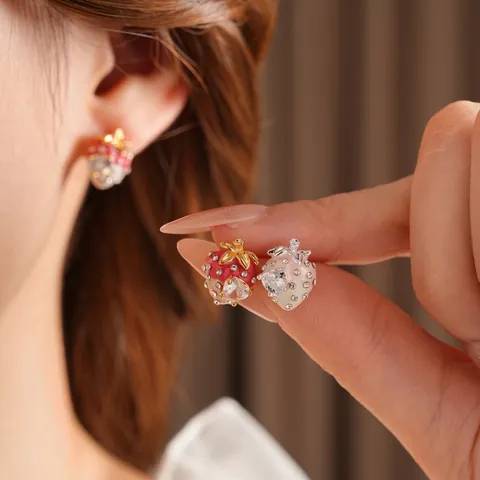Orecchini Fragola Rame Zircone Smalto Frutta Pendenti Con Perno Argento Vintage Dolce Per Donne