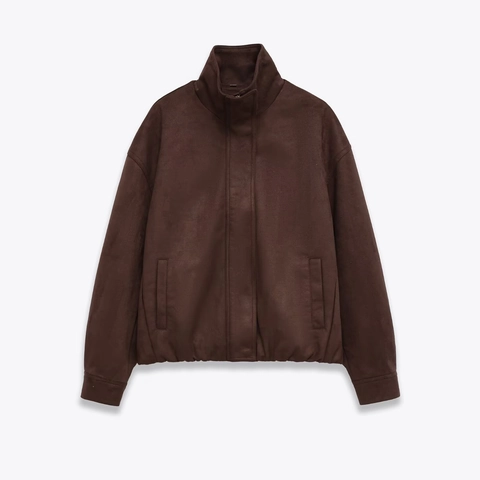 Giacca In Finta Pelle Scamosciata Da Donna Collo Alto Maniche Lunghe Cerniera Vestibilità Larga Casual Streetwear Marrone
