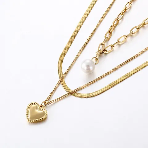 Collana Multistrato In Acciaio Inossidabile Con Ciondoli A Cuore E Moneta Perla Artificial Di Conchiglia Barocca Catena A Serpente Gioielli Hip Hop