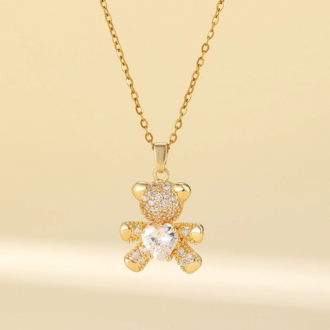 Cute Bear Pendant Necklace Titanium Steel Chain Copper Micro Pave Cubic Zirconia Heart Gemstone Fashion Jewelry For Women