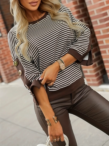 Sudadera De Rayas Para Mujer Manga Larga Cuello Redondo Jersey Con Botones Metálicos Top Casual Holgado Rayas