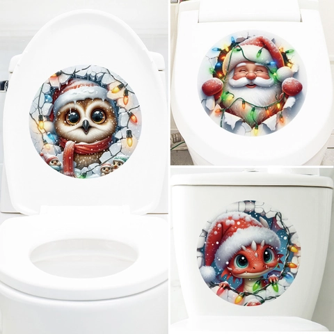 Christmas Toilet Seat Stickers 3D Santa Claus Owl Dragon Bathroom Decals Waterproof Removable PVC Holiday Home Decor
