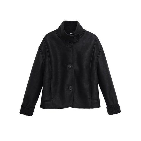 Chaqueta De Gamuza Sintética Para Mujer Con Forro De Pelo Cuello Alto Botonadura Sencilla Moda Color Sólido Ropa Exterior Negro