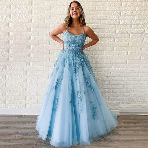 Robe De Soirée À Bretelles Spaghetti Appliques En Dentelle Tulle Robe De Bal Ligne A Longueur Sol Formelle Femme