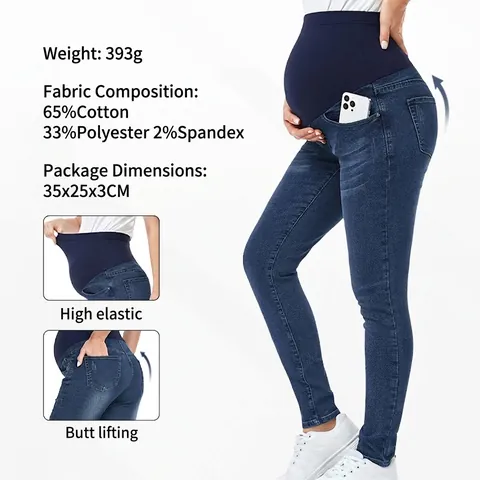 Jeans Premaman Vita Alta Misto Cotone Denim Supporto Pancia Sollevamento Glutei Pantaloni Skinny Elastici
