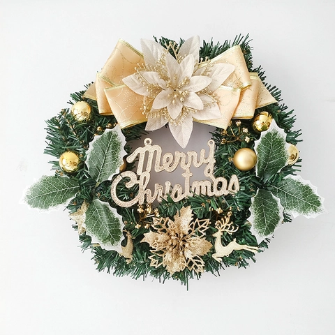 Artificial Christmas Wreath With Gold Flowers Reindeer Bowknot Merry Christmas Sign For Front Door Hanging Wall Decoration