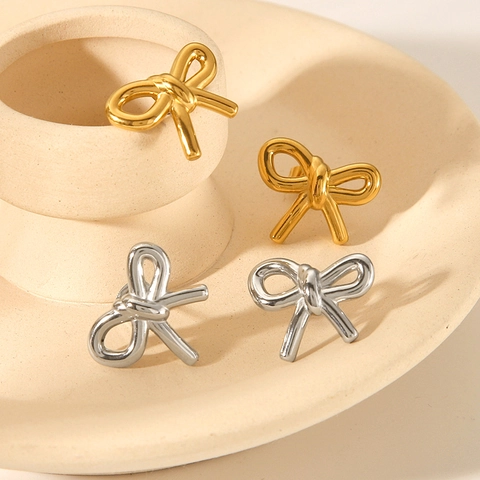 Bow Knot Stud Earrings 18K Gold Plated Stainless Steel Geometric Ribbon Style Elegant Trendy Fashion Jewelry For Women