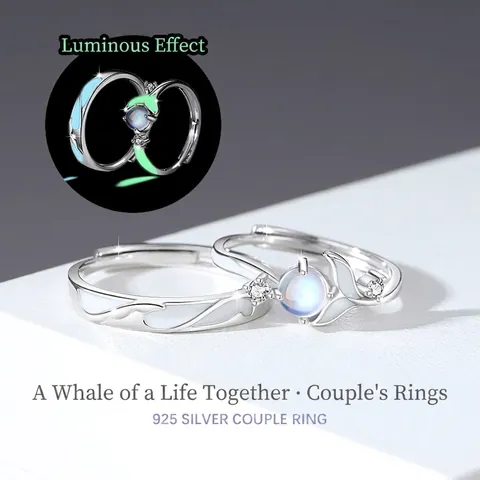 Anillos de Pareja de Cola de Ballena de Plata de Ley 925 Noctilucentes para Hombres Mujeres Ajustables Vidrio Circonia Joyería Regalo
