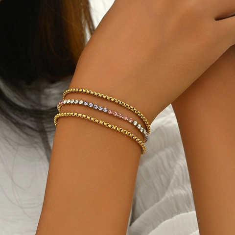 Stainless Steel Bracelet Multi Layer Colorful Rhinestone Geometric Minimalist Elegant Commuter Fashion Jewelry For Women