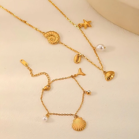 Tema Oceano Conchiglia Stella Marina Perla Artificial Acciaio Inossidabile Placcato Oro Gioielli Collana Bracciale Orecchini Accessorio Per Donne