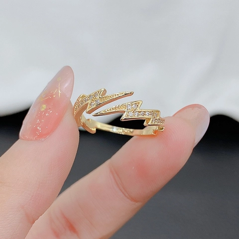 Lightning Bolt Adjustable Open Ring Gold Plated Alloy Encrusted With Zircon Sparkling Jewelry For Women