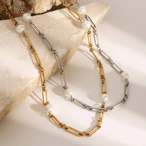Vintage Stainless Steel Artificial Pearl Paperclip Chain Necklace For Women Hypoallergenic Gold Silver Plated Jewelry Gift
