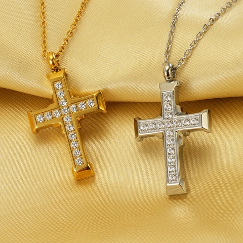 Collar Con Colgante De Cruz De Acero Inoxidable Chapado En Oro De 18K Con Zircón Brillante Joyería De Hip Hop De Moda Unisex