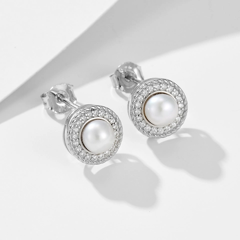 S925 Sterling Silver Natural Freshwater Pearl Stud Earrings For Women French Vintage Zirconia Circle Inlaid Elegant Jewelry Gift