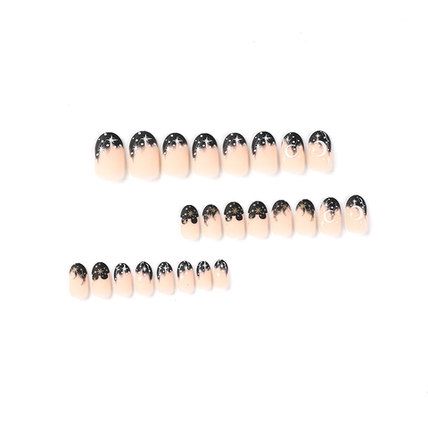 Press On Nagels Zwart Nude Verloop French Tip Ster Maan Patroon Elegante Kunstnagels Voor Dames Met Lijm